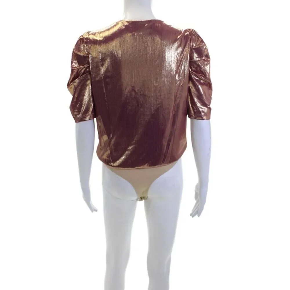 Wayf Womens Metallic V-Neck Snap Closure Short Sleeve Bodysuit Pink Size S